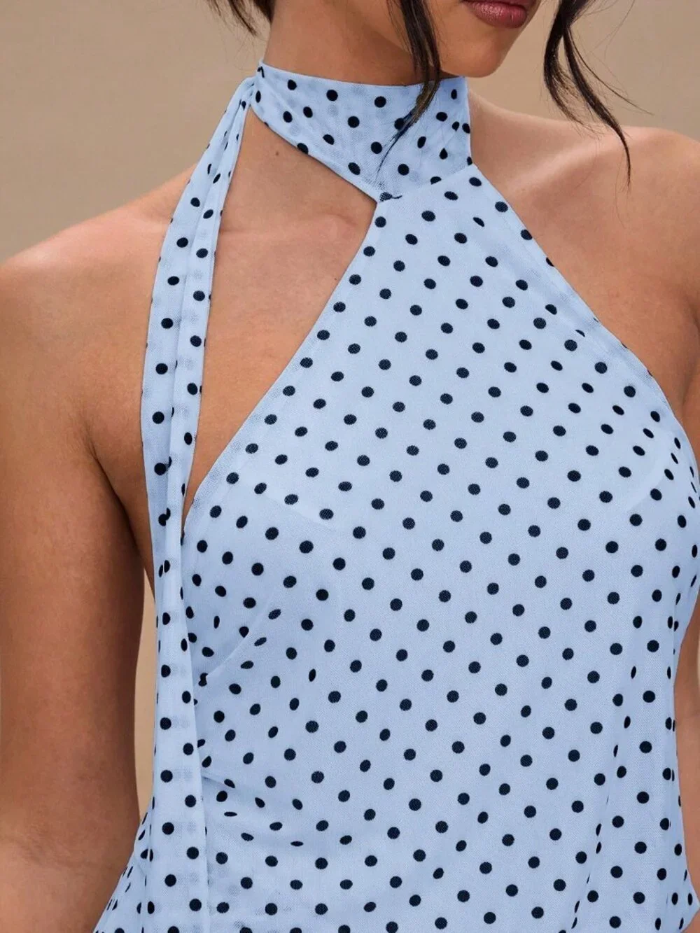 Baby Blue Casual Women's Polka Dot Print Halter Backless Dress